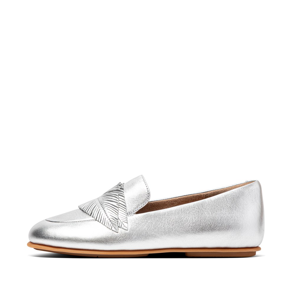 Fitflop Womens Loafers - Lena Feather Metallic Leather - Silver - 413-NAUEVL